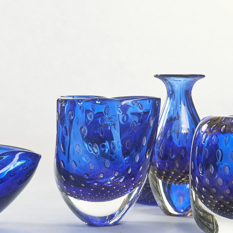 Vasinho Trevo 3 Tela Azul com Ouro Murano Cristais Cadoro