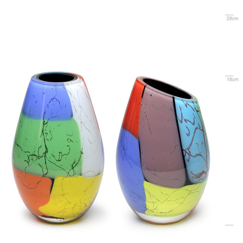 Par de Vasos 24 MS Reto e Diagonal Lascas Coloridas Murano Cristais Cadoro