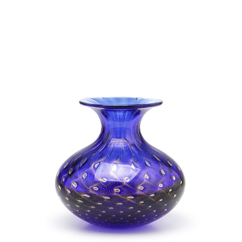 Vaso Mini Baixo Tela Azul com Ouro Murano Cristais Cadoro