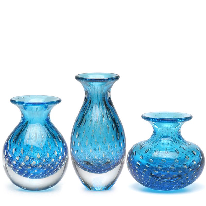 Trio de Vasos Mini Tela Água-marinha com Ouro Murano Cristais Cadoro