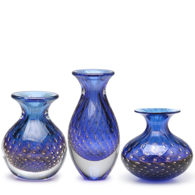 Trio de Vasos Mini Tela Azul com Ouro Murano Cristais Cadoro