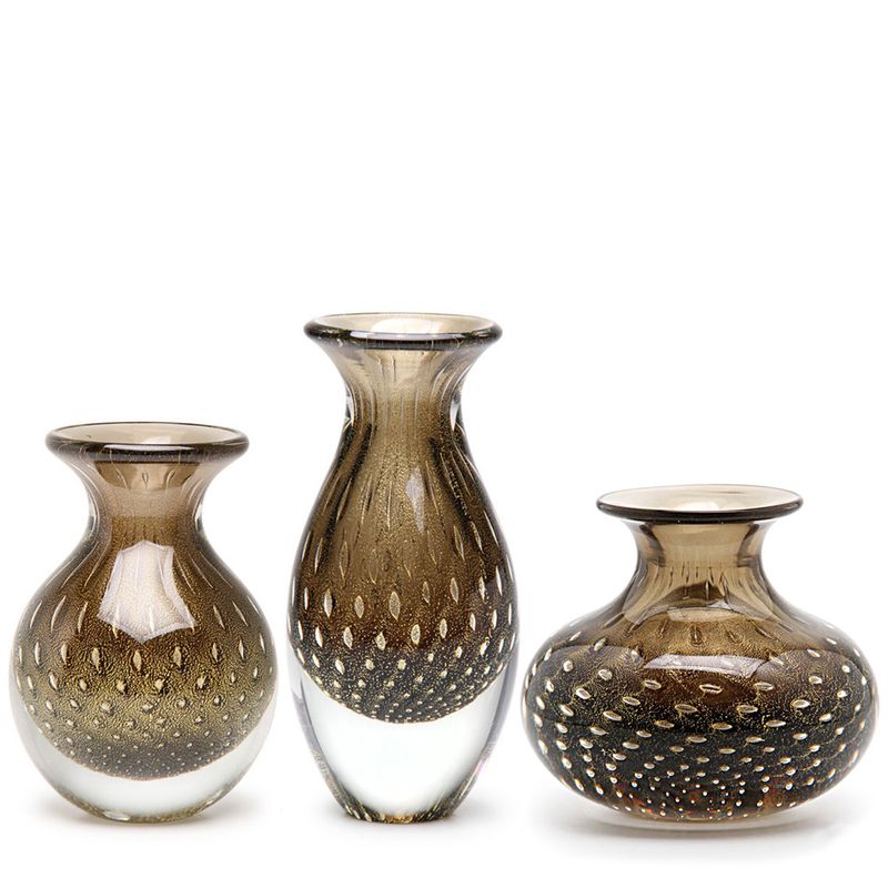 Trio de Vasos Mini Tela Fumê com Ouro Murano Cristais Cadoro