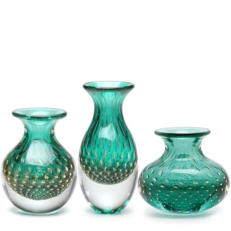 Trio de Vasos Mini Tela Verde com Ouro Murano Cristais Cadoro