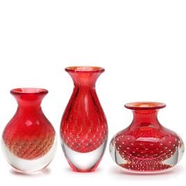 Trio de Vasos Mini Tela Vermelho com Ouro Murano Cristais Cadoro