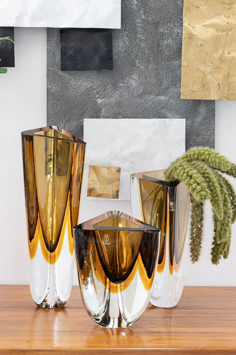 Trio de Vasos Triangulares nº 1, nº 2 e nº 4 Bicolor Fumê com Âmbar Murano Cristais Cadoro