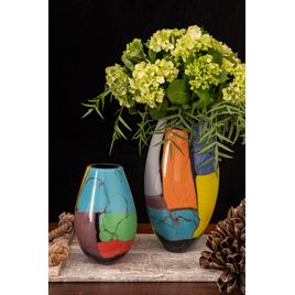 Par de Vasos 24 MS e 50 MS Reto Lascas Coloridas Murano Cristais Cadoro