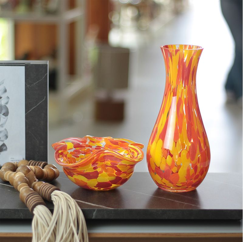 Bowl Ondulado Multicor Amarelo, Laranja e Coral Murano Cristais Cadoro