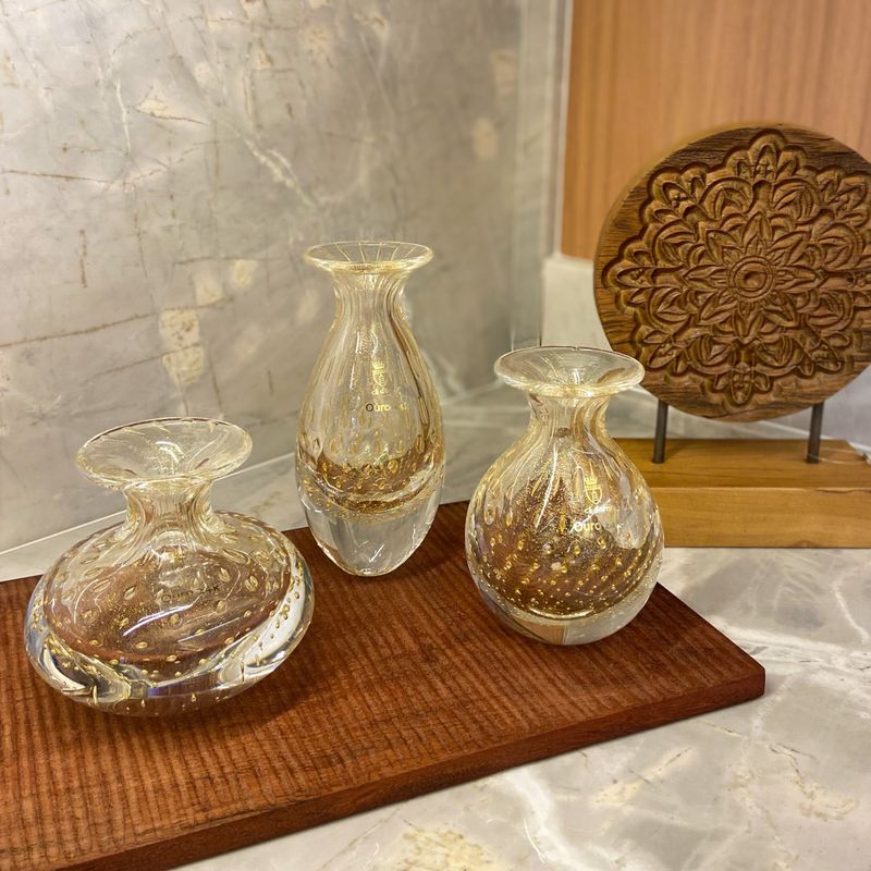 Trio de Vasos Mini Tela Transparente com Ouro Murano Cristais Cadoro