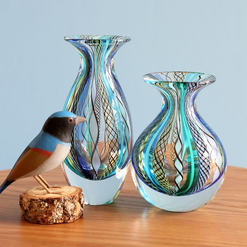 Par de Vasos Mini Hippie Azul e Verde Murano Cristais Cadoro