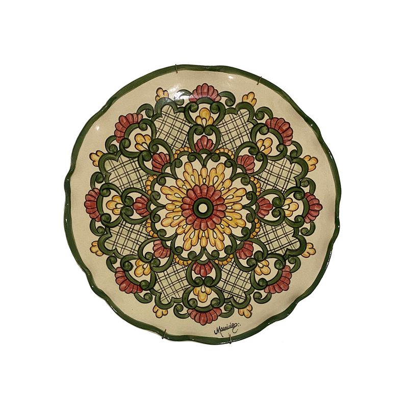 Prato de Parede Floral Verde, Vermelho e Laranja em Cerâmica 33cm