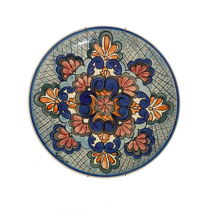 Prato de Parede Floral Azul, Vermelho e Laranja em Cerâmica 33cm