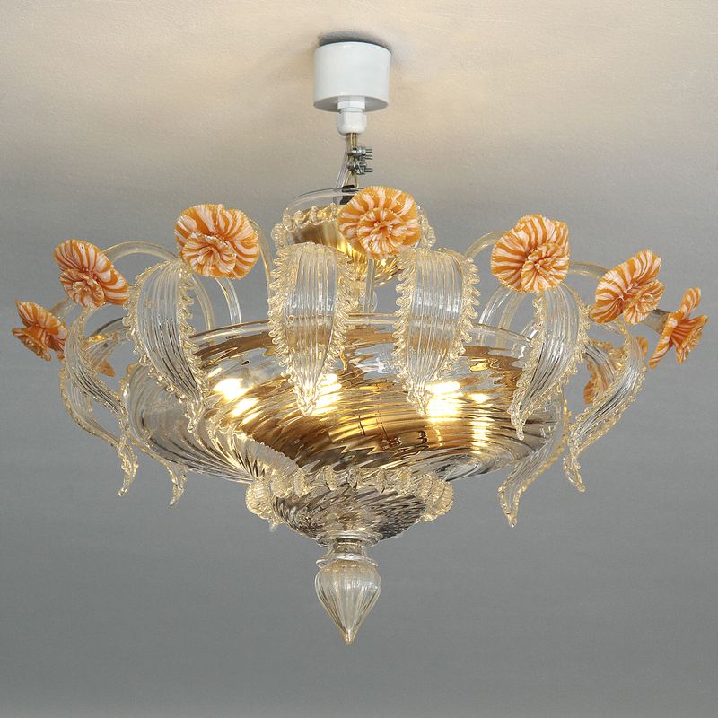 Lustre de Murano Transparente com Ouro 24K e Detalhes Laranja