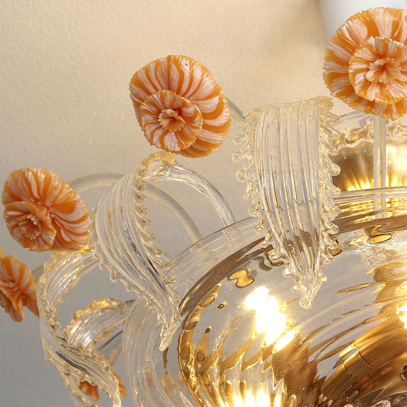 Lustre de Murano Transparente com Ouro 24K e Detalhes Laranja