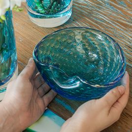 Bowl 1 Tela Água-marinha Com Ouro Murano Cristais Cadoro